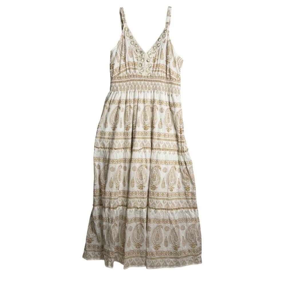 Me‎ 2 Magic Maxi Dress Womens 1X Tan Boho Sequin Tiered Paisley V Neck Summer
